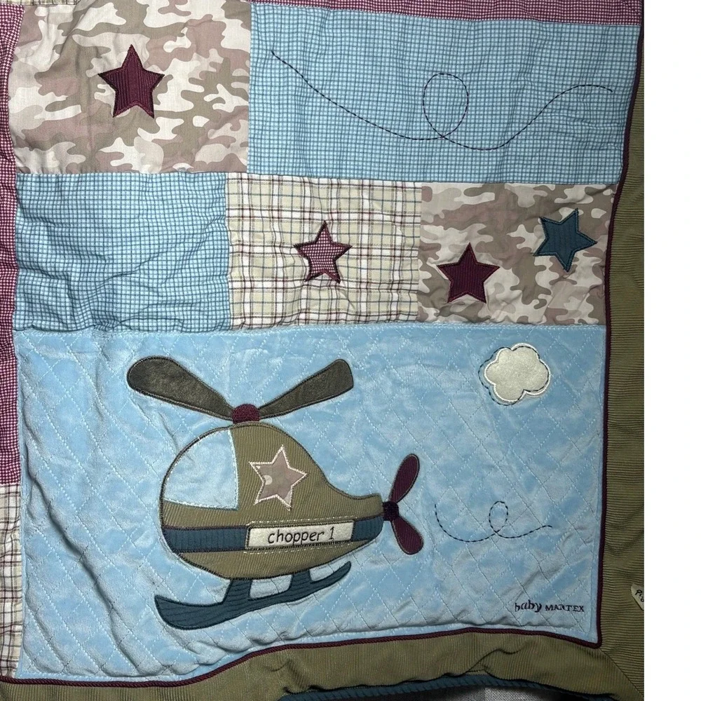 Baby Martex Airplane Helicopter Quilted Baby Blanket Blue Camo Plaid 42x36
